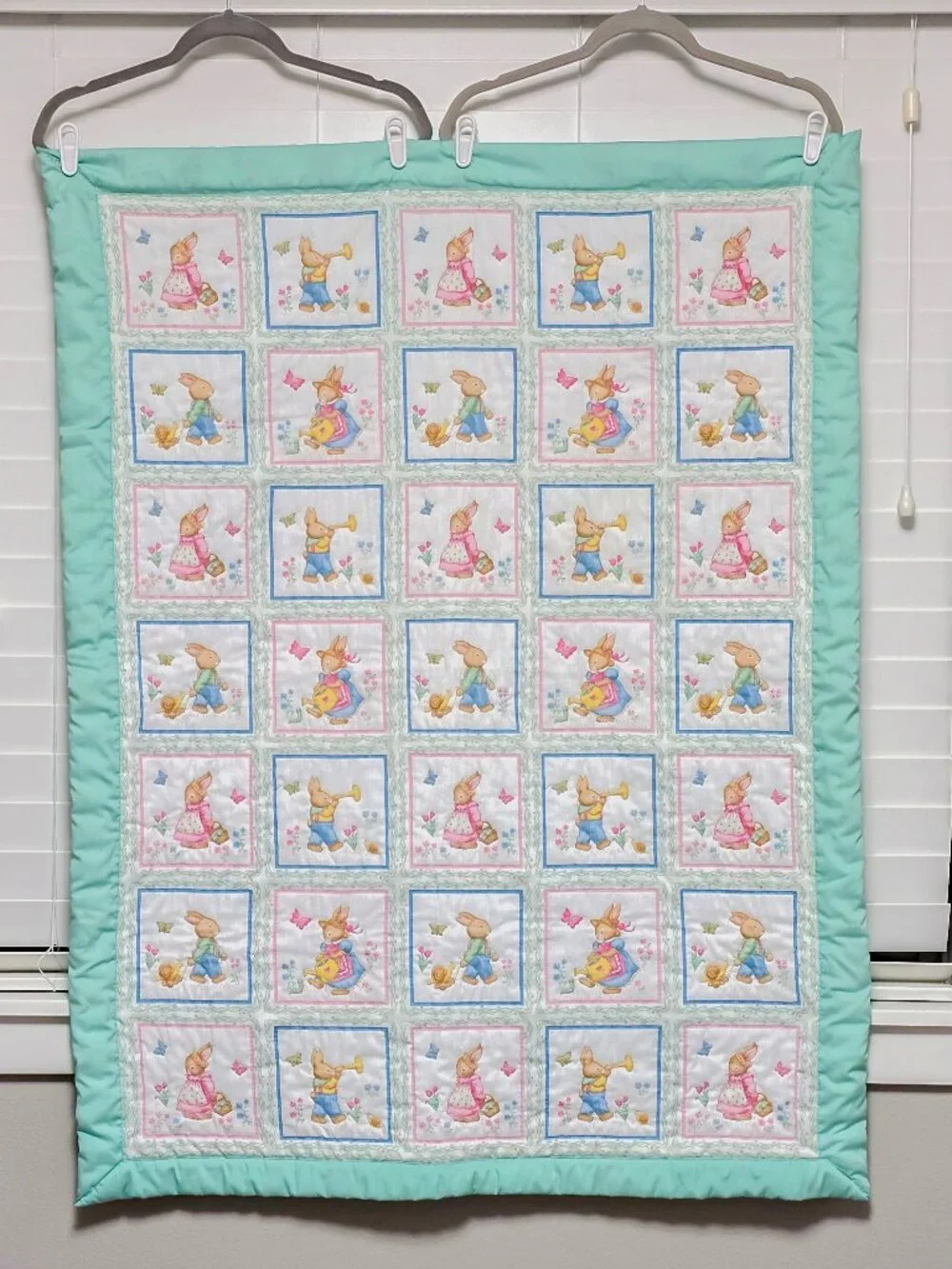 VTG 1990s Handmade Baby Quilt Cottagecore Bunny Rabbit Embroidery Blanket